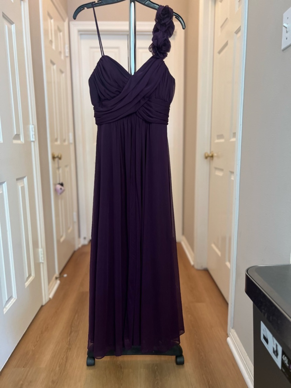 Betsy & Adam One-Shoulder Plum Chiffon Gown (Prom, Graduation, Wedding Guest)